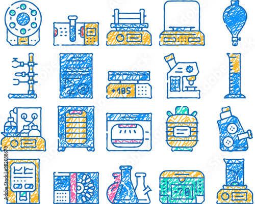 laboratory equipment for analysis doodle icons set vector. sketch line art digital scales and microscope, electronic centrifuge heating plate, autoclave shaker laboratory tools contour illustrations
