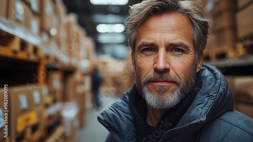 A middle-aged man stands in a warehouse.