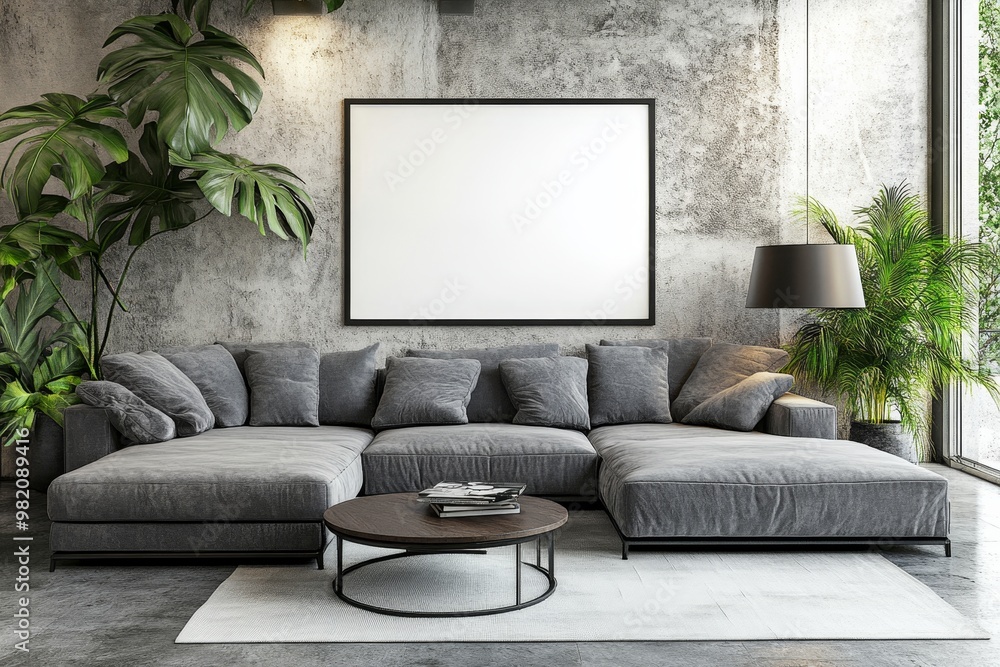 Fototapeta premium Modern Living Room, Concrete Wall, Comfortable Sofa, Houseplants, Blank Picture Frame