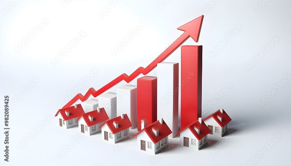 Image showing a red upward arrow, white bar graph, and small houses with red roofs. Isolated on a white background. Real estate growth concept. 3D Rendering Image showing a red upward arrow, white bar graph, and small houses with red roofs. Isolated on a white background. Real estate growth concept. 3D Rendering