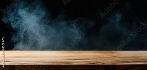 A serene wooden table surface surrounded by soft, drifting smoke against a dark background, perfect for product placement.