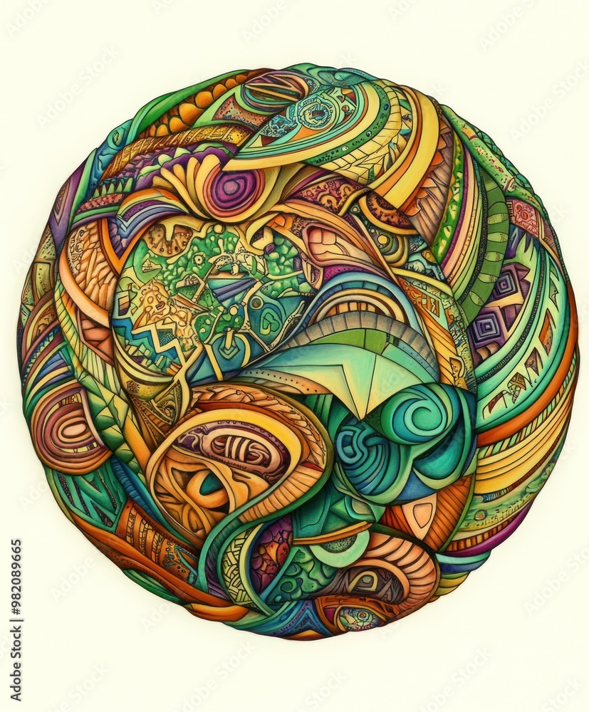 A vibrant, intricate design resembling a spherical pattern with colorful motifs and textures. A vibrant, intricate design resembling a spherical pattern with colorful motifs and textures.