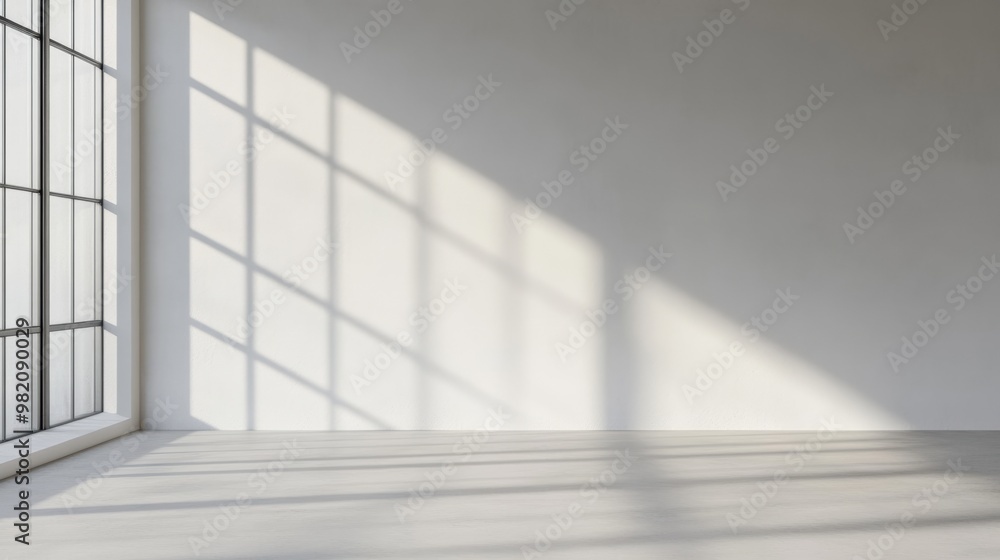 Bright and minimalistic interior featuring sunlight casting shadows on a clean white wall and floor, ideal for background use. Bright and minimalistic interior featuring sunlight casting shadows on a clean white wall and floor, ideal for background use.
