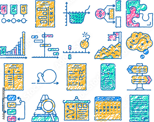 planning startup project strategy doodle icons set vector. sketch line art check list with task and calendar with deadline date for planning goal, success achievement financial contour illustrations
