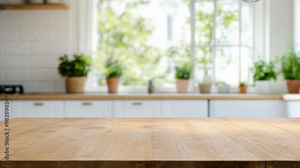 Bright kitchen interior featuring a wooden table and vibrant green plants in pots, creating a warm and inviting atmosphere. Bright kitchen interior featuring a wooden table and vibrant green plants in pots, creating a warm and inviting atmosphere.