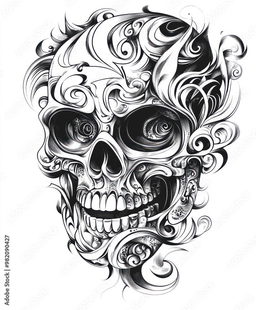 A detailed illustration of a skull surrounded by intricate swirling patterns. A detailed illustration of a skull surrounded by intricate swirling patterns.