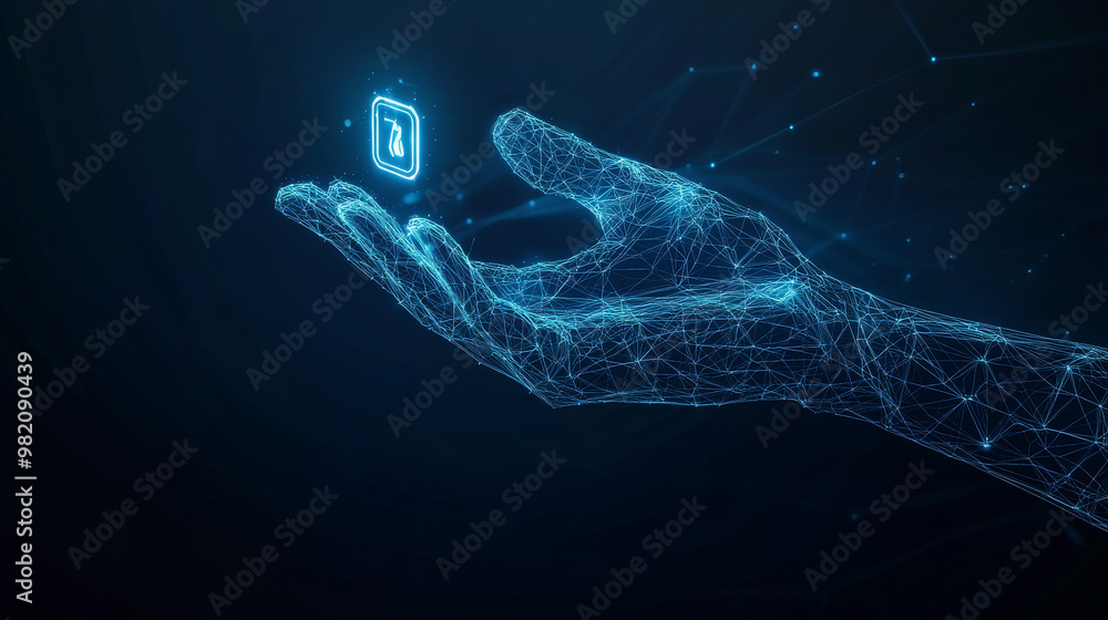 Futuristic refresh concept: glowing polygonal hand holding reload symbol on a dark blue background. Modern wireframe design. Futuristic refresh concept: glowing polygonal hand holding reload symbol on a dark blue background. Modern wireframe design.