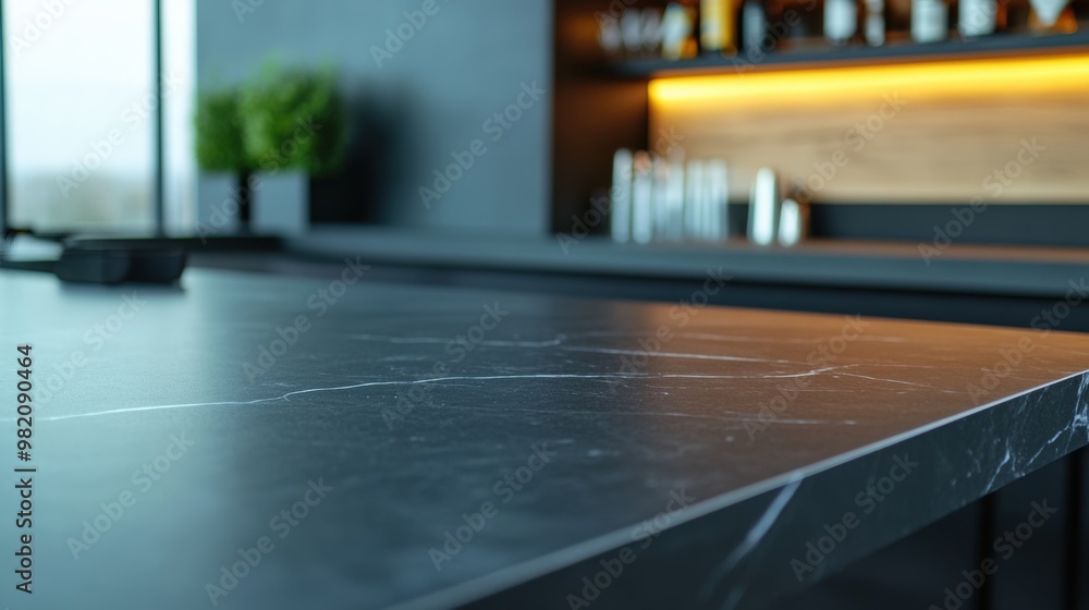 Close-up view of a sleek marble countertop, showcasing elegant textures and a modern bar setting in a minimalist design. Close-up view of a sleek marble countertop, showcasing elegant textures and a modern bar setting in a minimalist design.