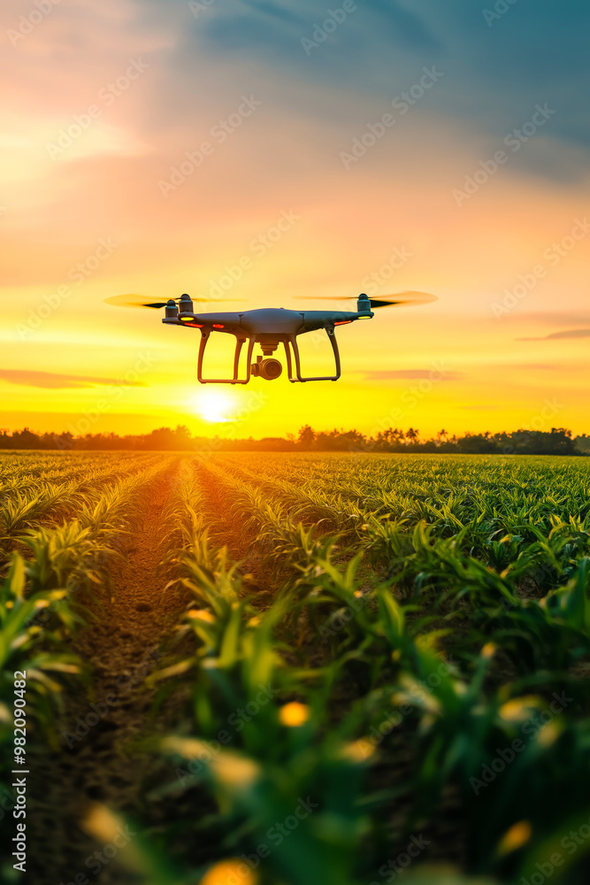Drone flying over a field. Modern agriculture Drone flying over a field. Modern agriculture