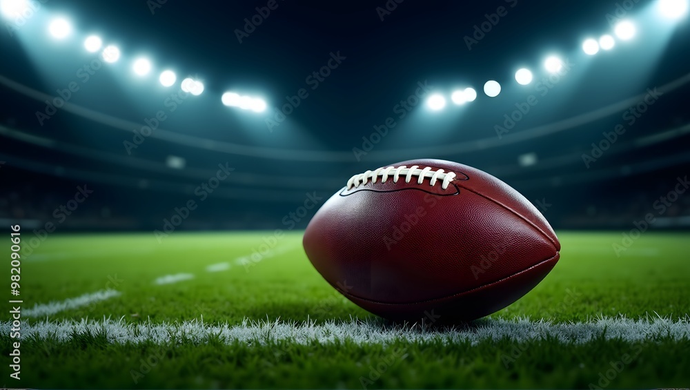 An American football on the field under stadium lights at night, capturing the anticipation and intensity of a game An American football on the field under stadium lights at night, capturing the anticipation and intensity of a game