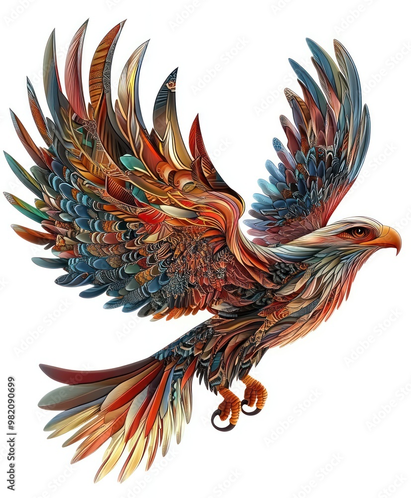 Fototapeta premium A vibrant, stylized eagle with intricate feather designs and a dynamic pose.