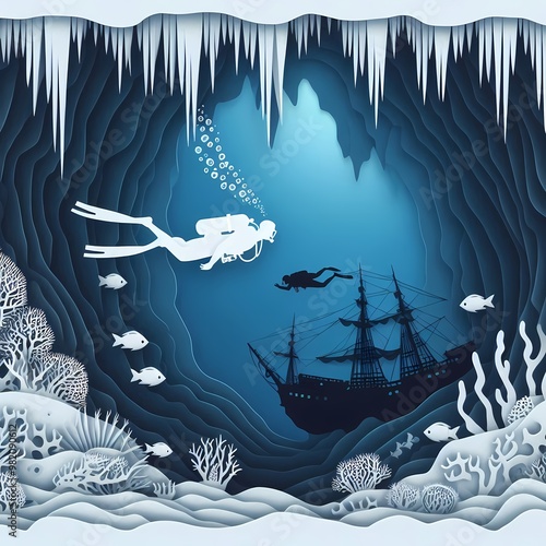 An image of a diver swimming through underwater caves or around shipwrecks, showcasing the adventurous side of diving in Thailand