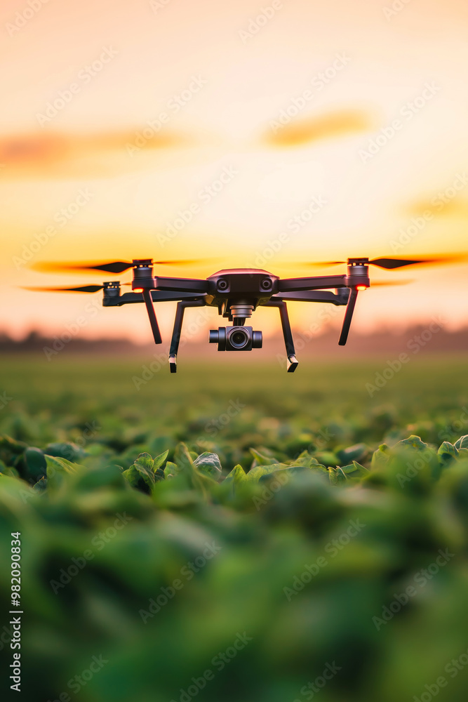 Drone flying over a field. Modern agriculture Drone flying over a field. Modern agriculture