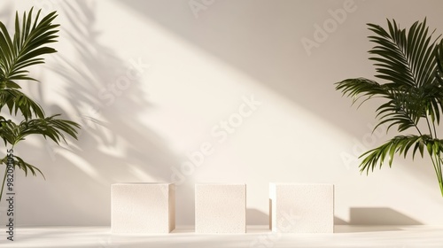 Minimalist interior with three white cubes and lush green plants, casting elegant shadows on a plain wall.