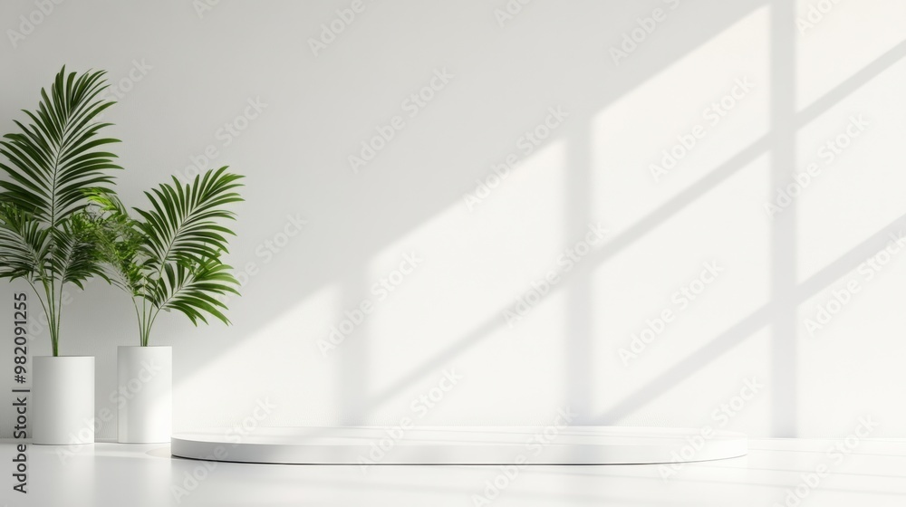 Modern interior with minimalist design featuring a white pedestal and greenery casting gentle shadows on the wall. Modern interior with minimalist design featuring a white pedestal and greenery casting gentle shadows on the wall.
