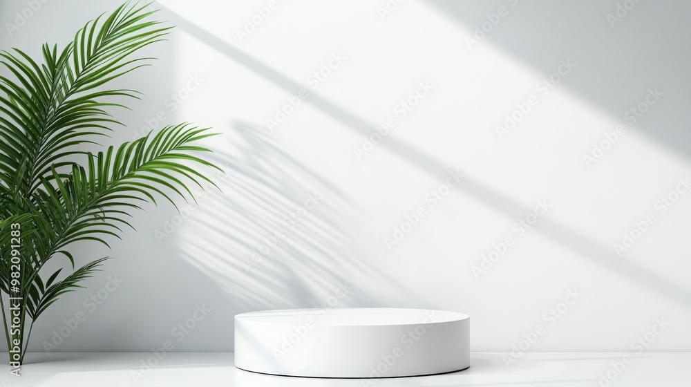 Modern minimalistic studio with a white pedestal and a green leaf plant, creating a fresh and stylish atmosphere. Modern minimalistic studio with a white pedestal and a green leaf plant, creating a fresh and stylish atmosphere.