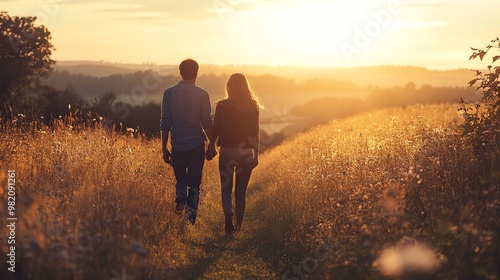 Couple walking hand-in-hand through a field at sunset.