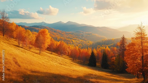 Rolling autumn hills bathed in golden sunlight, a serene panorama of the Carpathian Mountains in Ukraine.