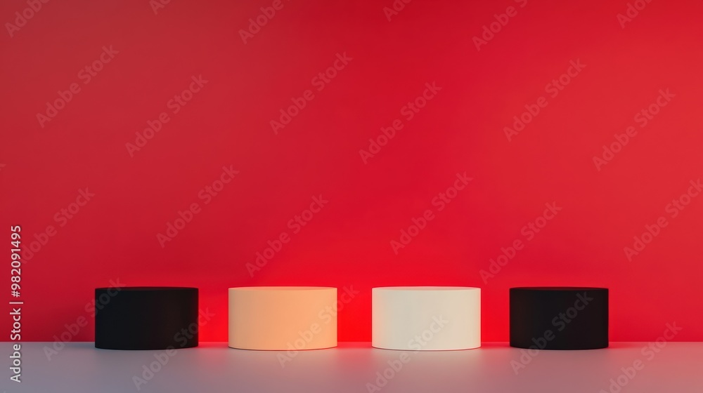 Stylish modern cylinders displayed against a vibrant red background, ideal for showcasing contemporary design and aesthetics. Stylish modern cylinders displayed against a vibrant red background, ideal for showcasing contemporary design and aesthetics.