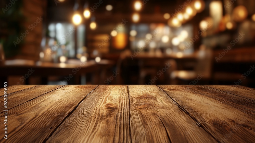 Rustic wooden table surface with dazzling evening light reflections in the backdrop of a hazy dining establishment. Rustic wooden table surface with dazzling evening light reflections in the backdrop of a hazy dining establishment.