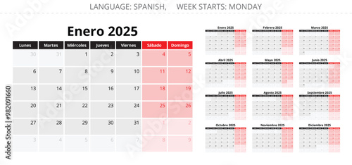 2025 Spanish calendar. A collection of vector illustrations for each month year. For Spain