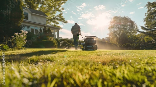 Man Mowing Lawn in Backyard photo