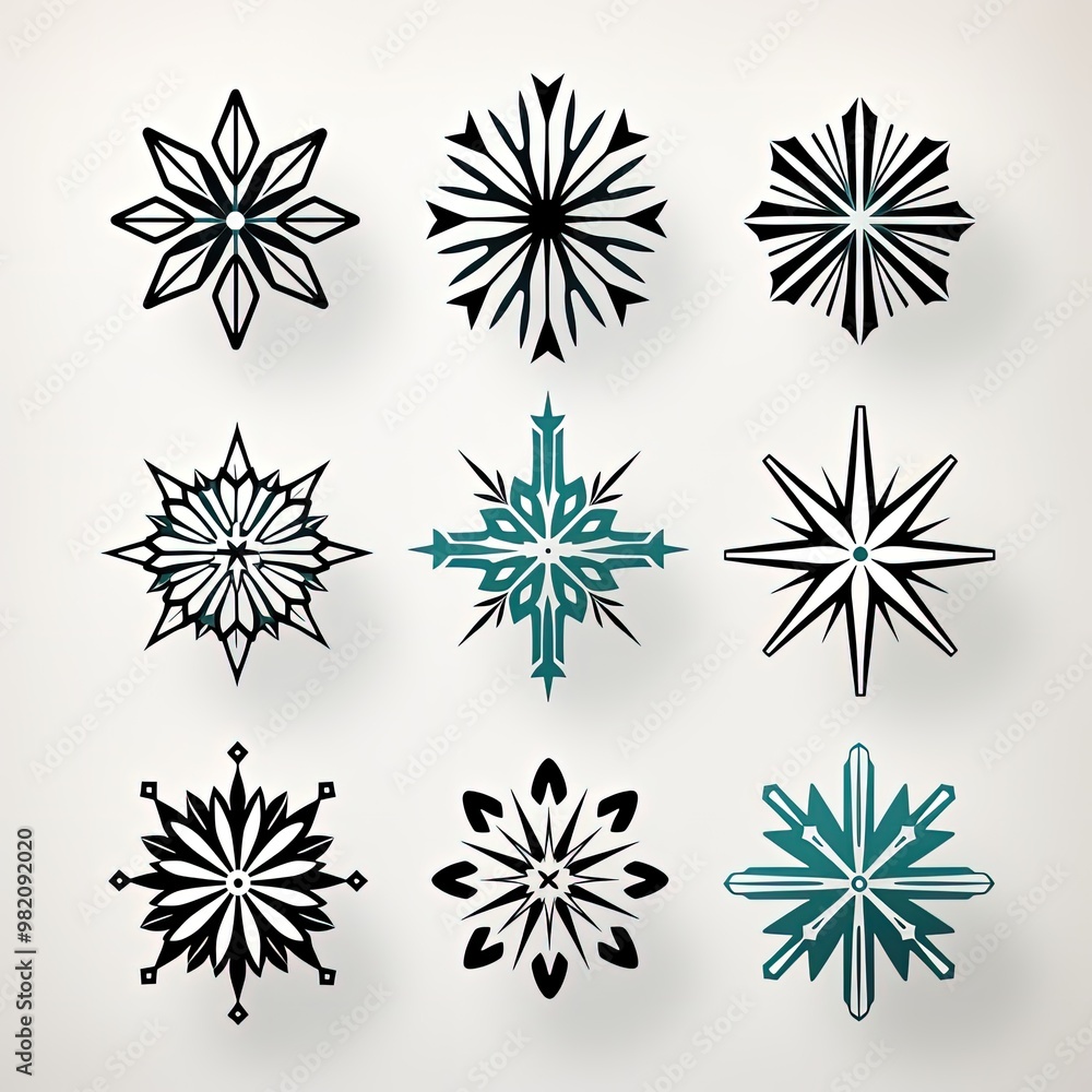 Elegant Symmetrical Snowflakes Set Against a Minimalistic Turquoise Backdrop Elegant Symmetrical Snowflakes Set Against a Minimalistic Turquoise Backdrop