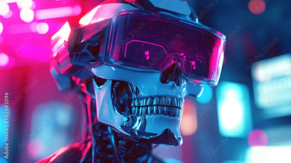 A futuristic robotic skull wearing virtual reality goggles in a neon-lit environment. A futuristic robotic skull wearing virtual reality goggles in a neon-lit environment.