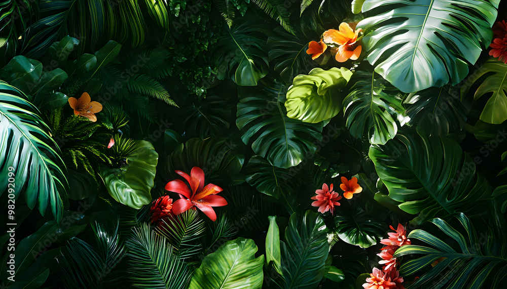 A lush jungle scene with vibrant green leaves and exotic flowers, bringing the warmth of the tropics to your screen A lush jungle scene with vibrant green leaves and exotic flowers, bringing the warmth of the tropics to your screen