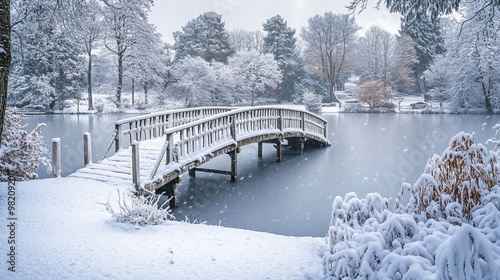 Wallpaper Mural Snowy wooden bridge spans a tranquil lake, its surroundings blanketed in white. The picturesque scene unfolds in Bussy Saint Georges, France. Torontodigital.ca