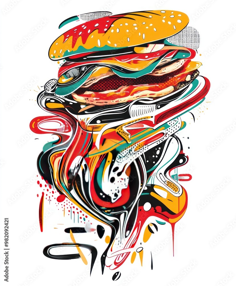 A vibrant, abstract illustration of a burger with colorful, flowing elements. A vibrant, abstract illustration of a burger with colorful, flowing elements.