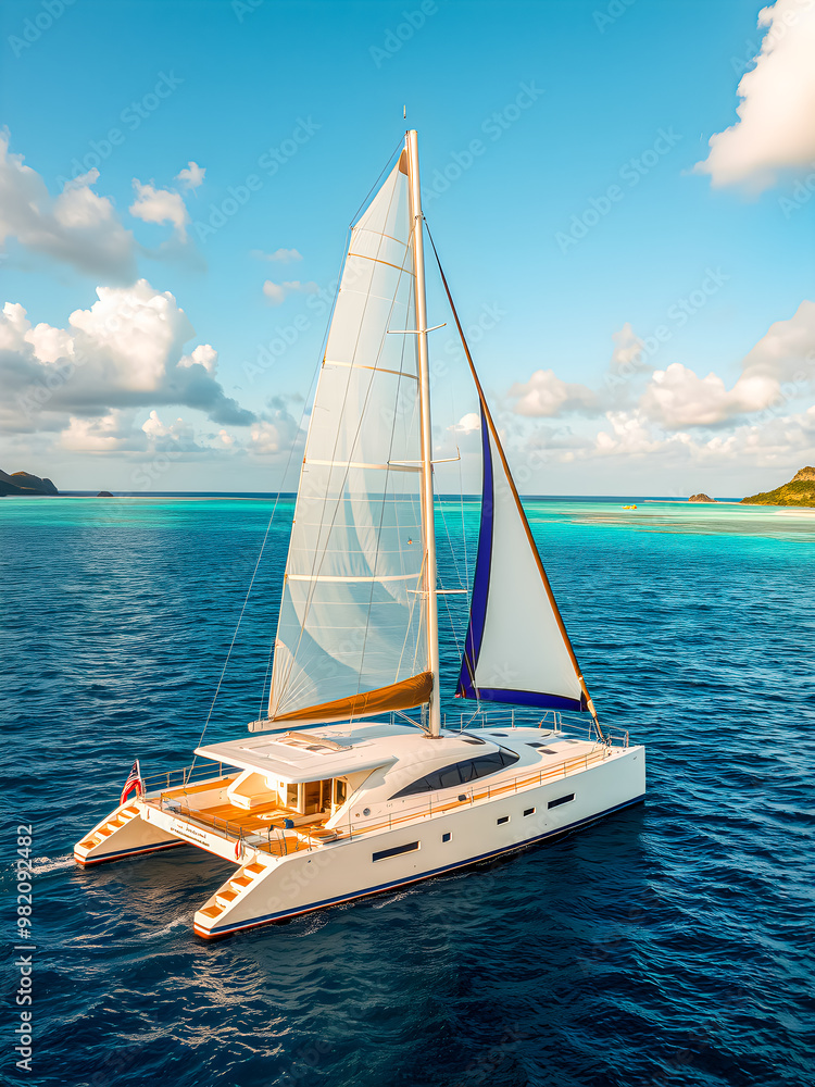 Naklejka premium Tranquil close-up sailboat sailing under a beautiful sunny sky. Boat in sailing regatta. Luxury yachts. Sailboat in the sea under sunlight, luxury summer adventure, outdoor activities at sea. AI gen