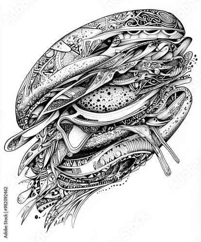 A detailed illustration of a surreal, intricately designed burger. photo