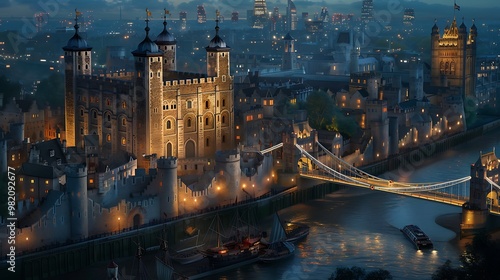 A stunning evening view of a historic castle illuminated at night, with a bridge spanning a river and city lights twinkling in the background.