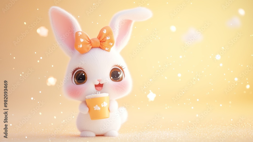 Fototapeta premium Cute cartoon rabbit holding a cup in a soft pastel setting, surrounded by glowing sparkles, creating a cheerful atmosphere