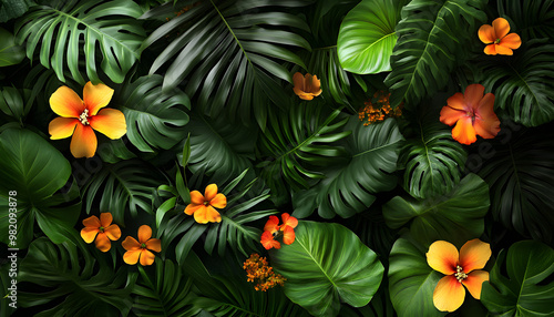 A lush jungle scene with vibrant green leaves and exotic flowers, bringing the warmth of the tropics to your screen