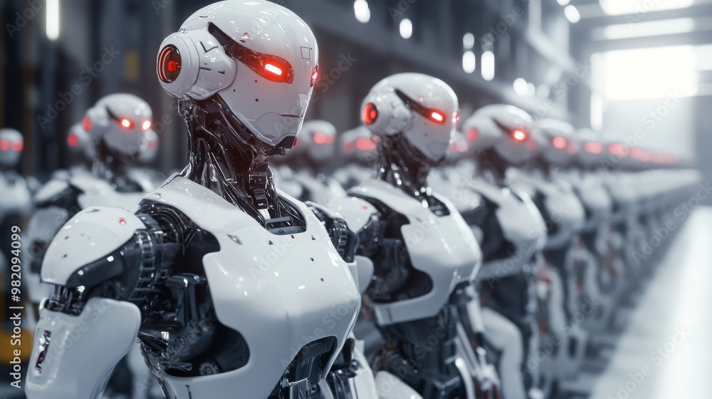 3D rendering of a robotics army, featuring a group of cyborg machines in a factory setting. Concept of a futuristic AI robotic team and artificial intelligence technology. 3D illustration.
3D rendering of a robotics army, featuring a group of cyborg machines in a factory setting. Concept of a futuristic AI robotic team and artificial intelligence technology. 3D illustration.