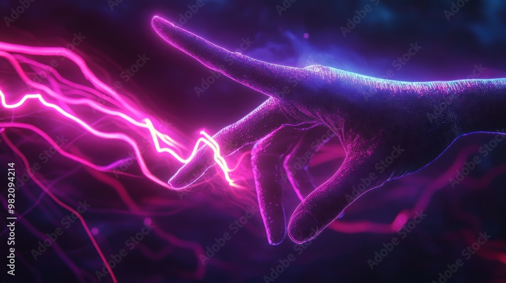 A glowing hand reaching out, surrounded by vibrant, electric energy and colorful light. A glowing hand reaching out, surrounded by vibrant, electric energy and colorful light.