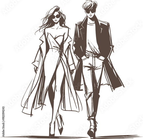 modern fashion couple stylishly dressed he and she go forward simple sketch drawing