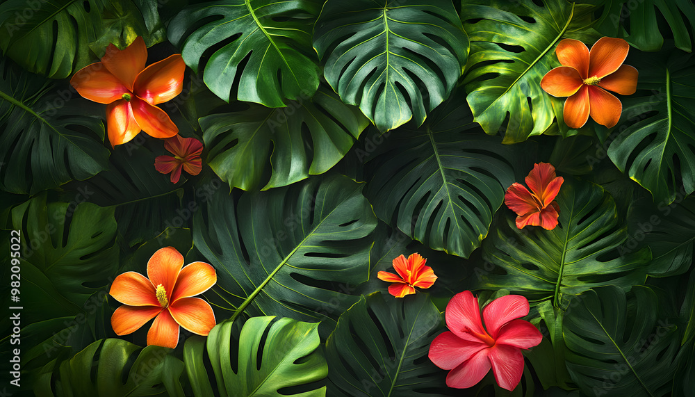 A lush jungle scene with vibrant green leaves and exotic flowers, bringing the warmth of the tropics to your screen A lush jungle scene with vibrant green leaves and exotic flowers, bringing the warmth of the tropics to your screen