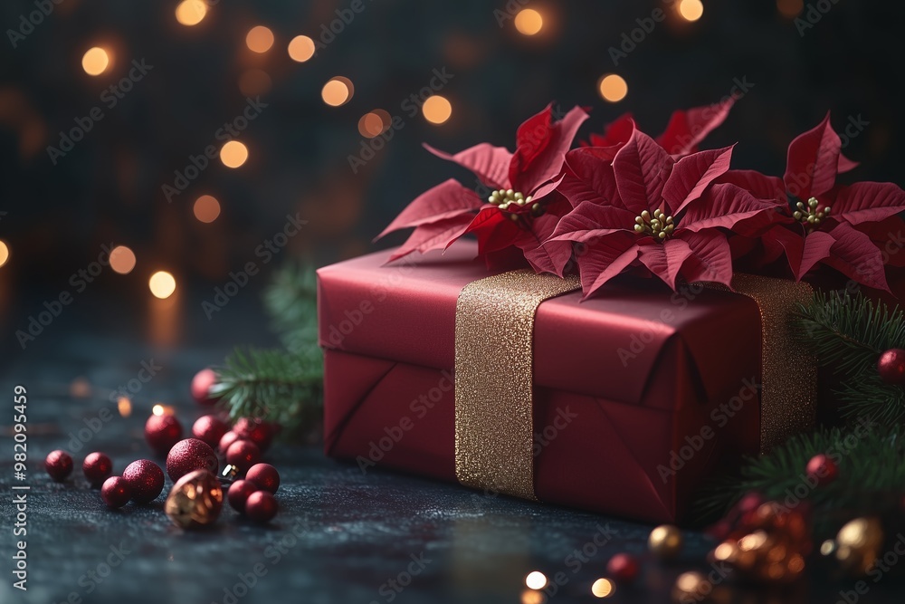 luxury dark red gift box with a gold ribbon, decorated with brown poinsettias luxury dark red gift box with a gold ribbon, decorated with brown poinsettias