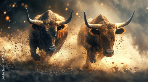 Bull market or bullish trend in cryptocurrencies or stocks, reflecting a booming global economy.