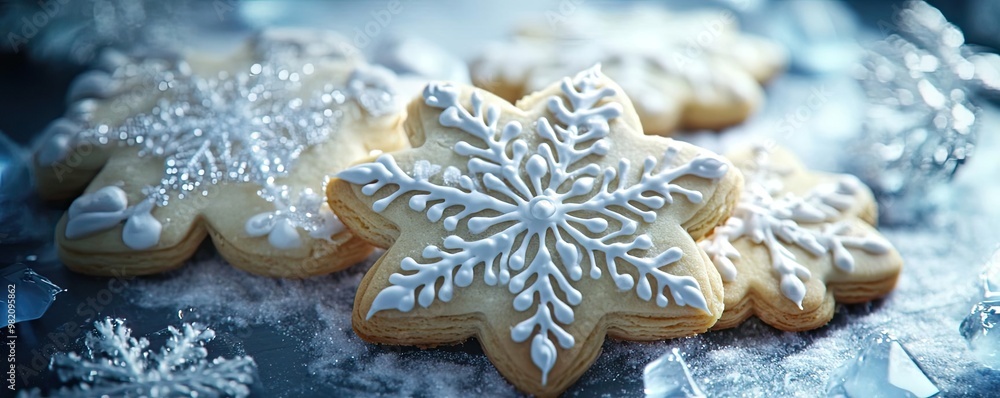 Delicious snowflake cookies decorated with white icing, perfect for winter festivities and holiday gatherings. Delicious snowflake cookies decorated with white icing, perfect for winter festivities and holiday gatherings.
