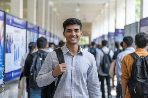 Indian student standing in busy university corridor with backpack