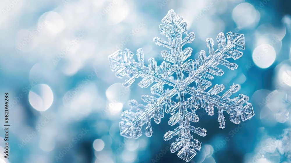 Close-up of a delicate snowflake reflecting light, surrounded by a soft blue background, capturing the beauty of winter. Close-up of a delicate snowflake reflecting light, surrounded by a soft blue background, capturing the beauty of winter.