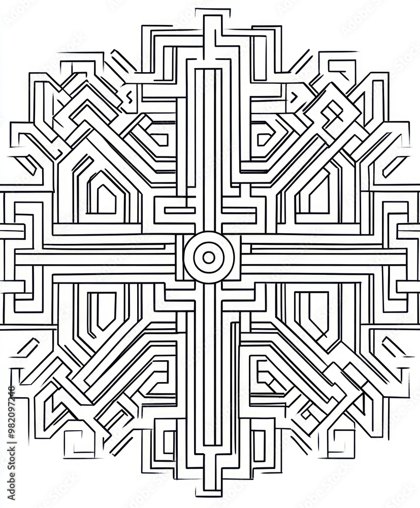 A complex maze design featuring intricate geometric patterns. A complex maze design featuring intricate geometric patterns.
