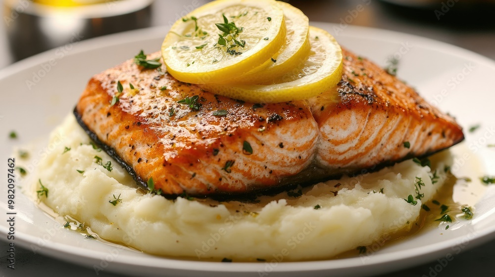 A beautifully plated pan-seared salmon atop creamy mashed potatoes, garnished with herbs and lemon slices, presented on a white plate with elegant simplicity. A beautifully plated pan-seared salmon atop creamy mashed potatoes, garnished with herbs and lemon slices, presented on a white plate with elegant simplicity.