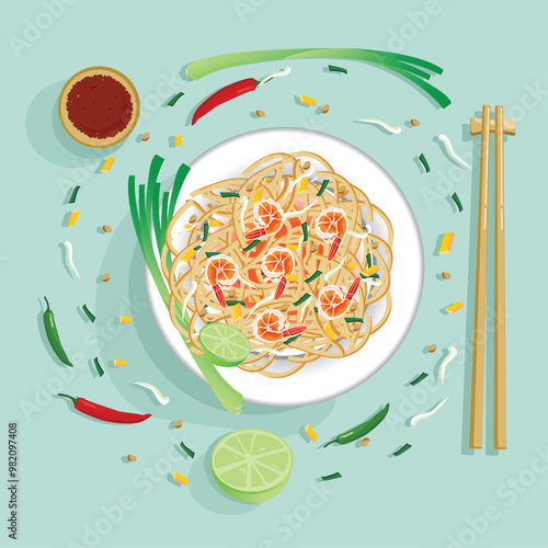 Ingredient Fried noodle Thai style with prawns . Pad Thai vector design on green pastel background.