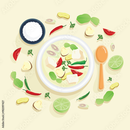 Ingredient Spicy chicken curry in coconut milk . Tom kha kai vector design on yellow pastel background. 