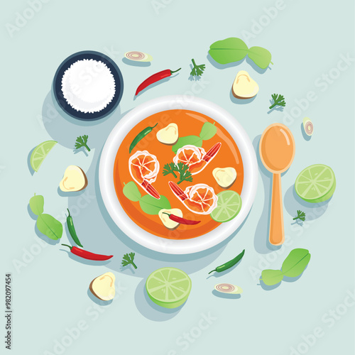 Ingredient Thai Spicy Shrimp Soup. Tom yum kung vector design on green pastel background.